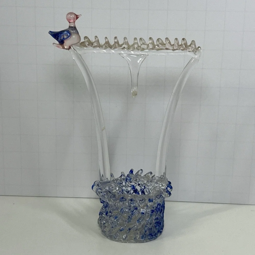 Vintage Acrylic Bird Sculpture Clear Blue Pink Perch 5.5
